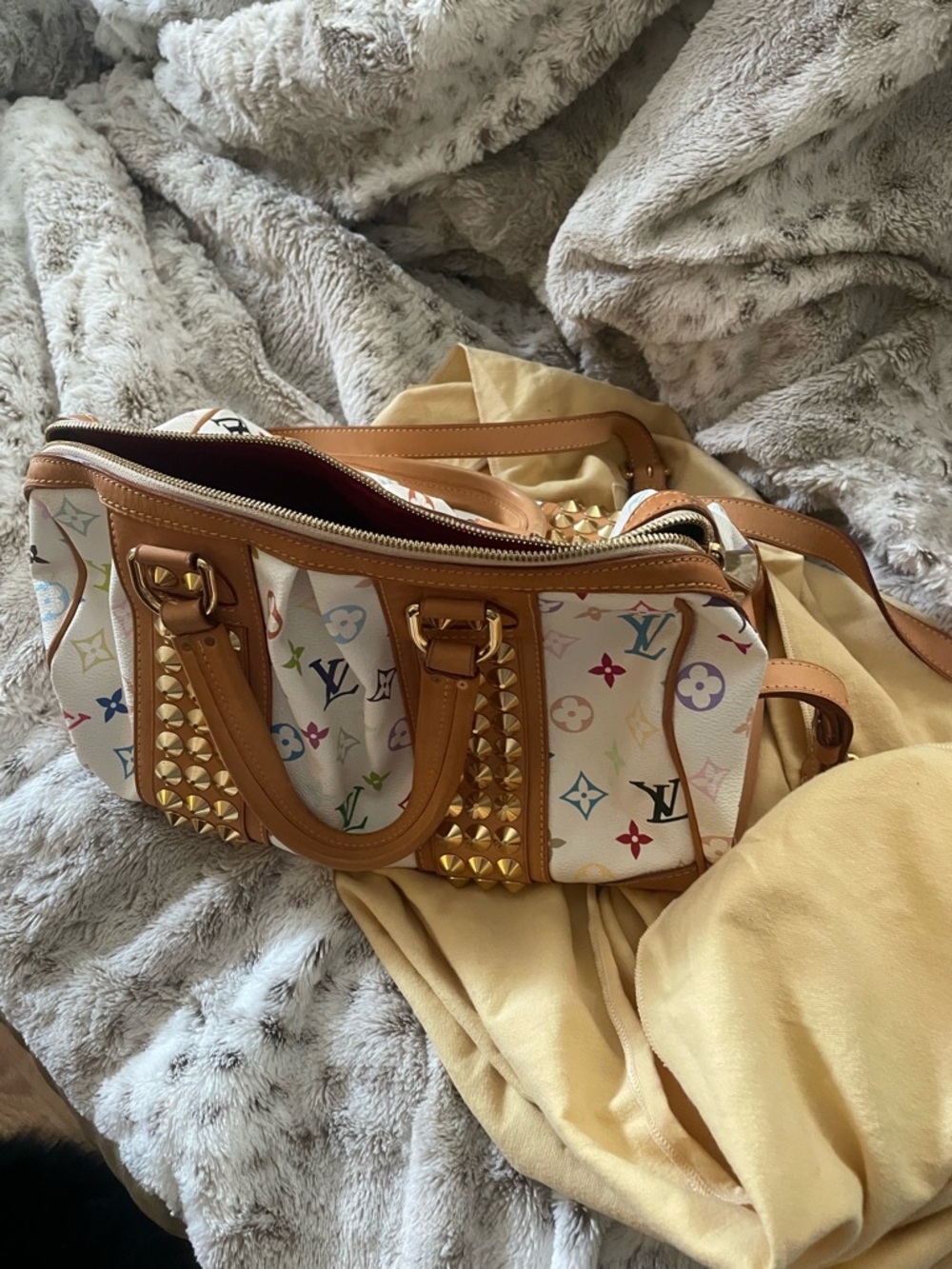 Louis Vuitton White Multicolor Monogram Studded Satchel with Tan Trim